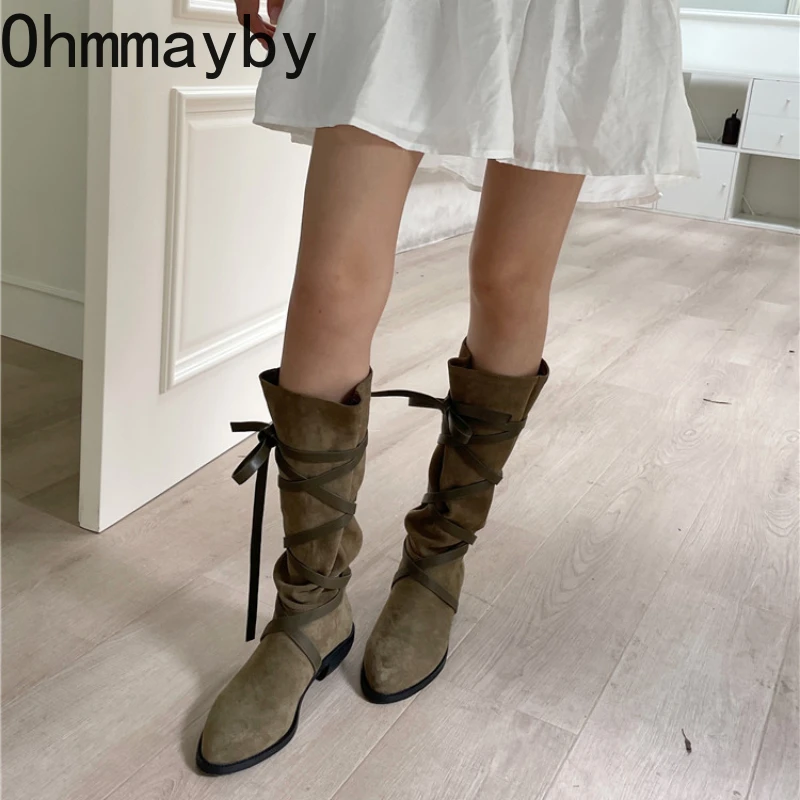 Autumn Spring Women Western Cowgirl Boots Fashion Cross Strap Pointed Toe Shoes Vintage Thick Heel Ladies Long Booties d773
