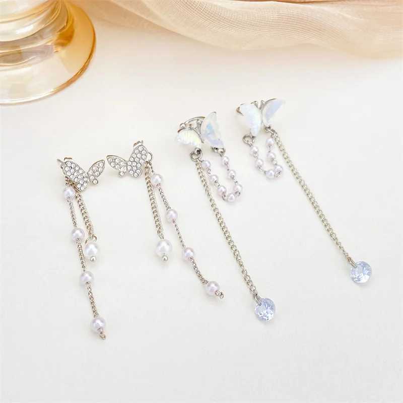 Y2K Fairy Zircon Shell Butterfly Tassel Ear Clips Angel Ear Bone Clip Earring Elf Female Pearl Dangle Earrings Fashion JewelryX240913
