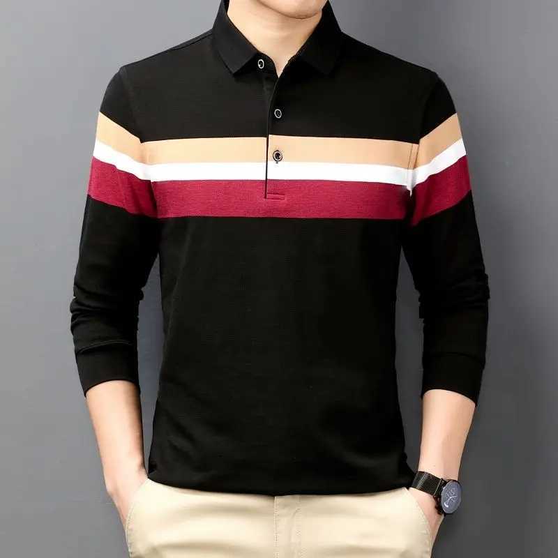 Fashionable Spring Mens Polo Neck Long Sleeve Comparison Button Polo Shirt Autumn Loose and Comfortable Casual Top W240913