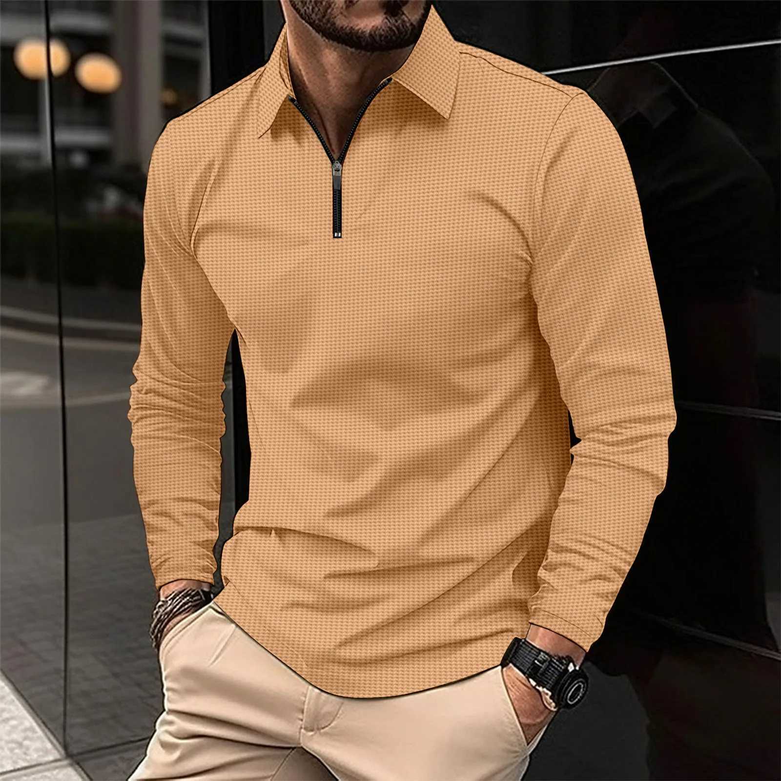 New Long Sleeve Solid Color Polo Shirt with Flip Collar Long Sleeve Waffle Zipper Fashionable 2023 Autumn Thin T-shirt Casual Loose Handsome Top W2409