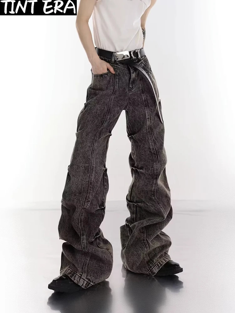 Y2K Wide Leg Jeans Men Pleated Vintage Fashion Micro Flared Denim Pants High Street Bootcut Trousers Male Stack 240912