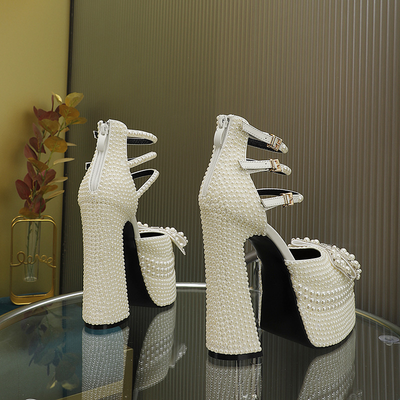 Brand Hand Inlaid Pearl/Rhinestone High Heel Sandals Wedding Bridal Party Water Platform Bow Sandals Large 42 Sexy Women's Shoes