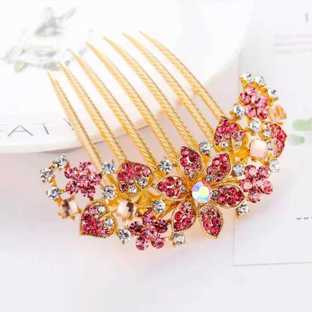 Headwear Classic Rhinestone Hollow Out Flower Colorful Hair Ornament 7 Teeth Wedding Hair Clip Sturdy for DatingX240913