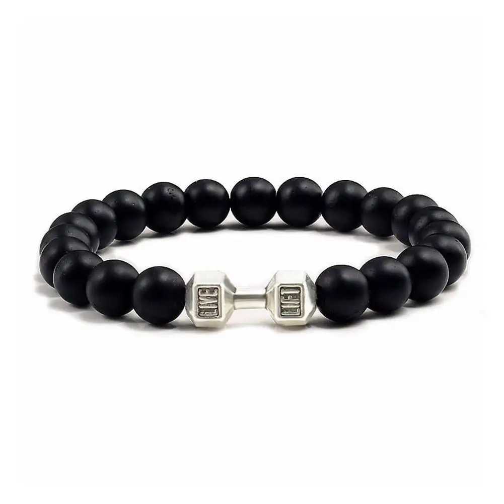 Natural Black Volcanic Molten Rock Dumbbell Bracelet Black Matte Bead Bracelet Fitness Barbell Jewelry Pulseras Women W240913