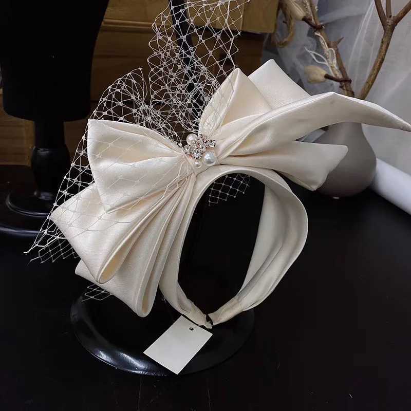Vintage Champagne Mesh Bow Headband Bridal Headdress wedding hair AccessoriesX240913