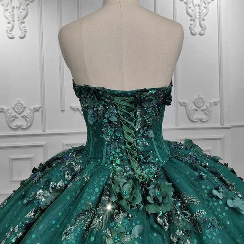 Blackish Green Shiny Off The Shoulder Ball Gown Quinceanera Dresses Birthday Party Applique Flower Beads Tull Sweet 16 Dress Vestidos 15 De Anos