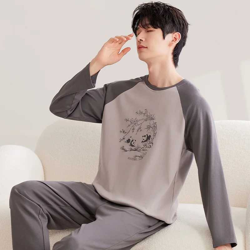 Brown Panda Men Pajamas Sets Cute Casual Long Sleeves Long Pants Autumn Winter Sleepwear Boys Pyjamas Cozy Pijamas Soft Male Pjs Y240913