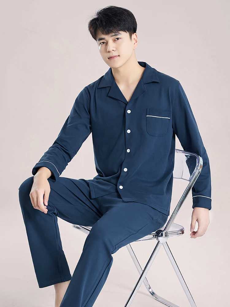 Blue Cotton Pajamas Winter Men Sleepwear Nightwear Full Sleeves PJ Pijama Hombre Home Clothes 2 Pieces Set Cotton Pyjama Homme Y240913