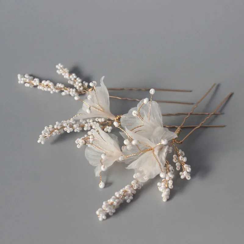 Fabric Floral Bridal Hair Pins Clips Gold Color Pearls Wedding Hair Pieces Women Accessories HandmadeX240913