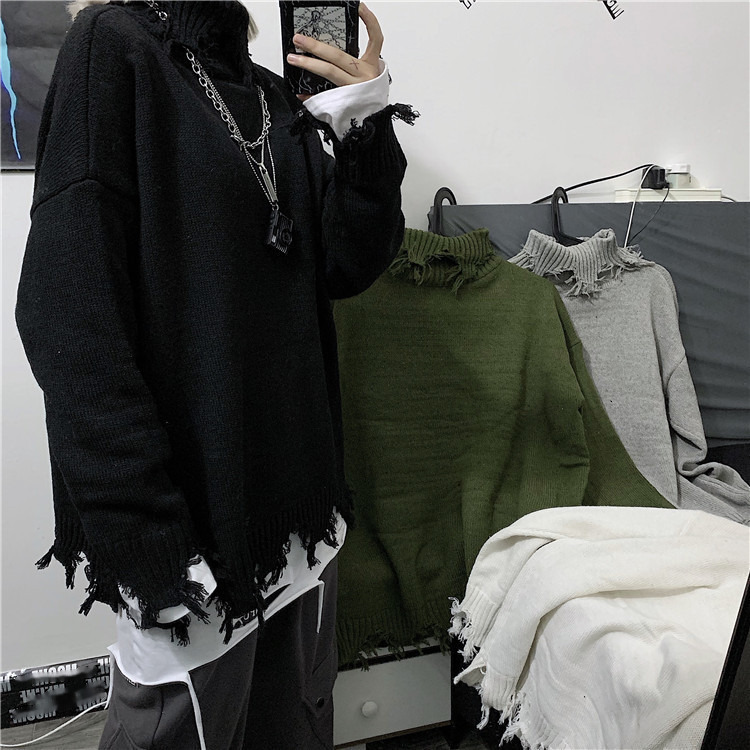 Halloween Men Sweaters Shabby style autumn and winter Harajuku style with lazy edges loose casual knitted sweaters for men and women Mens crew neck sw