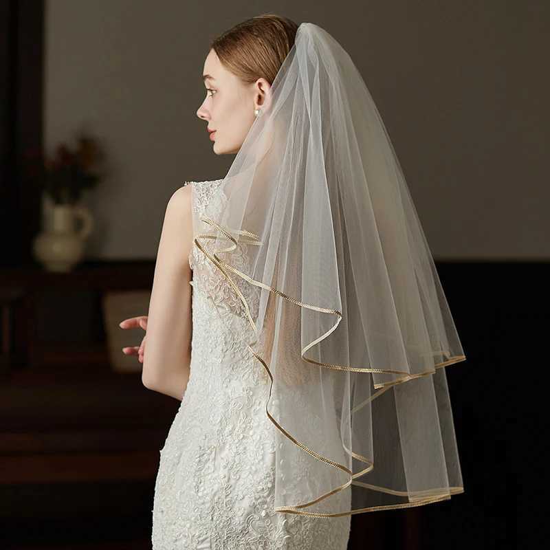V773 Handmade Wedding Bridal Veil White Two-Layer Plain Tulle Gold Satin Edge Brides to Be Veil with Alloy Hair CombX240913