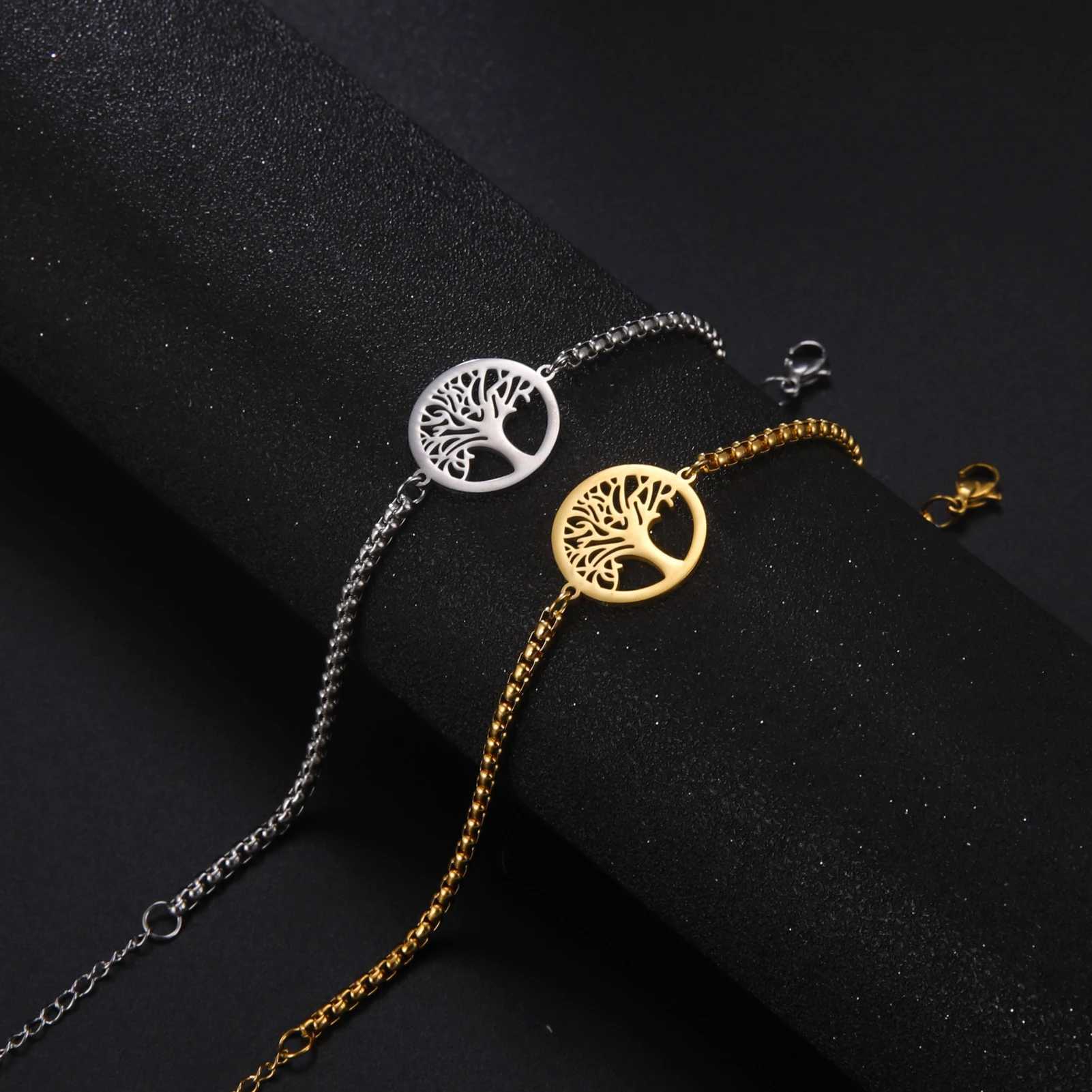 Hip Hop Stainless Steel Box Chain Bracelet Openworked Tree of Life Pendant Bracelet for Men Women Jewelry Party GiftX240913