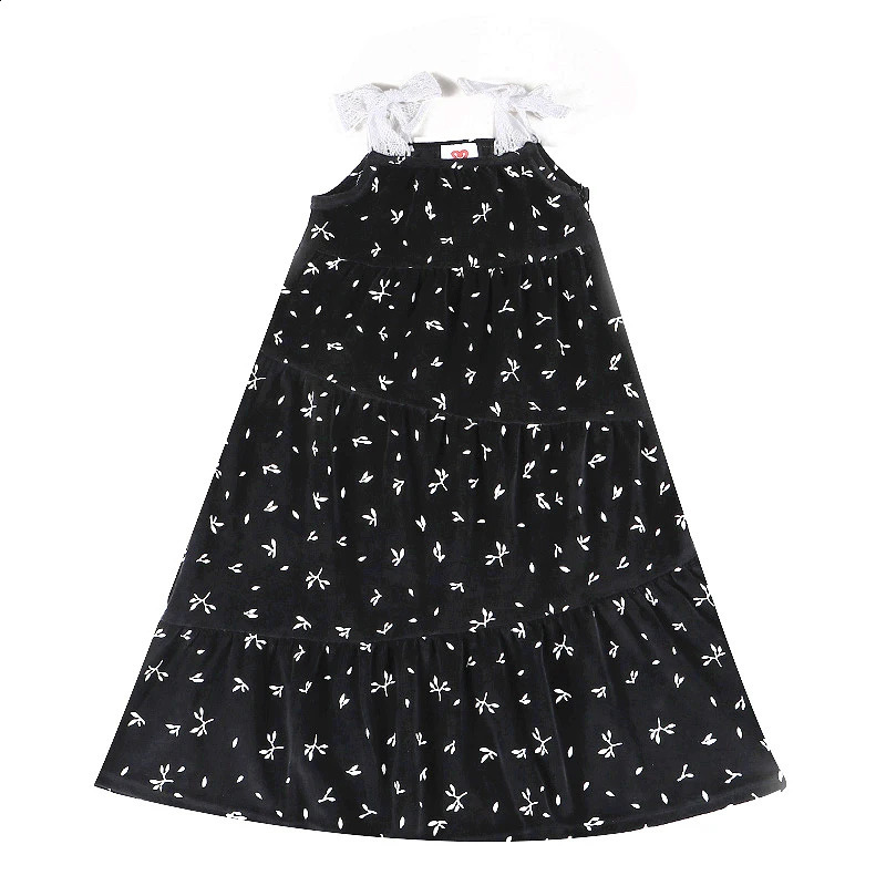 3T-20T Toddler Girls Maxi Dress Girl Lace Tie Shoulder Sleeveless Overall Dress Black Velvet Winter Robe DressSuspender Skirt 240906