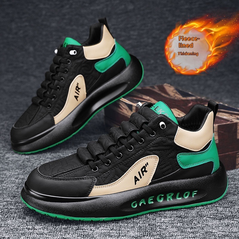 Leather low cut ankle sports for students, outdoor men, thick soled casual shoes, autumn and winter new styles, with plush warm cotton shoes