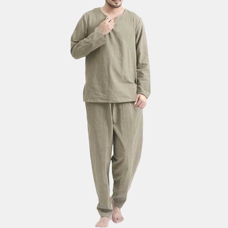 Mens Home Pajamas Long Sleeve T-Shirt Pajamas Set Autumn Fashion Daily High Quality Pure Color Long Pants Pajama 2 Piece Set Y240913