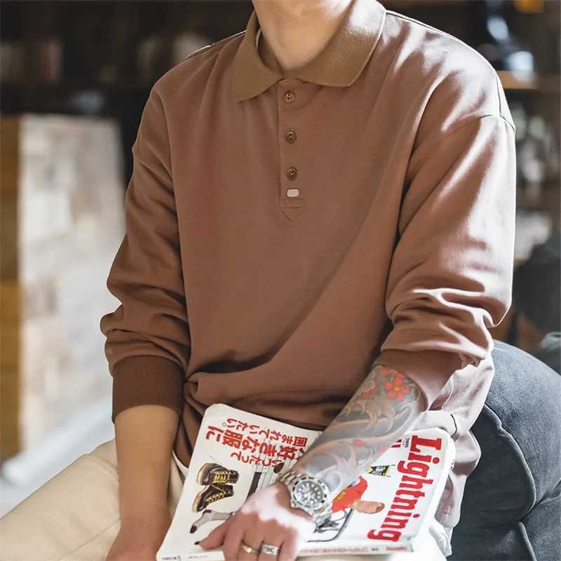 Maden 2023 Spring Retro Mens Super Large Polo Shirt Casual Solid Color Long Sleeve T-shirt Fashion Collar Flat Top W240913