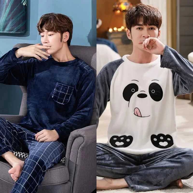 Two Piece Men Autumn and Winter Warm Flannel Pyjamas Sets Blue Long Sleeve Elastic Sleepwear Solid Soft Casual O-Neck homewear Y240913