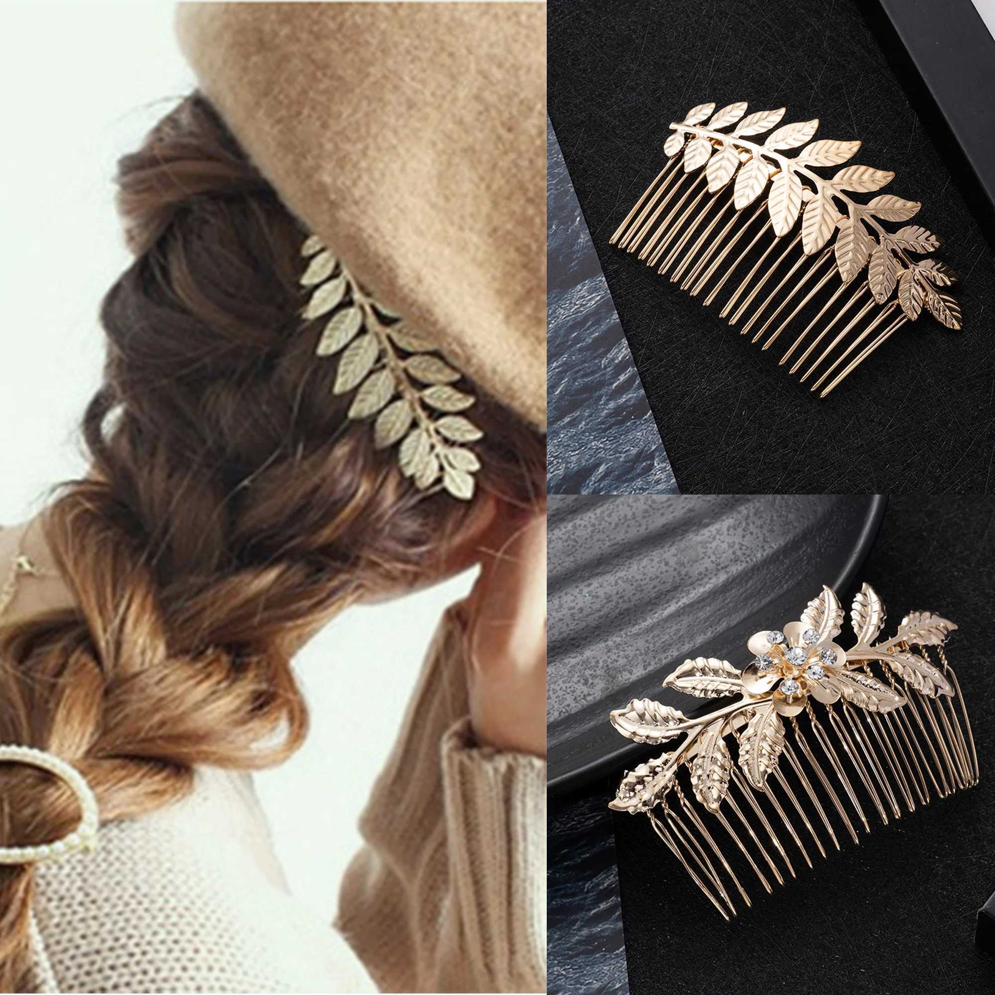Gold Color Metal Leaf Hair Clip Girls Wedding Hairpin Barrette Flowers Rhinestone Hair Comb Hairpins Women Accessories JewelryX240913