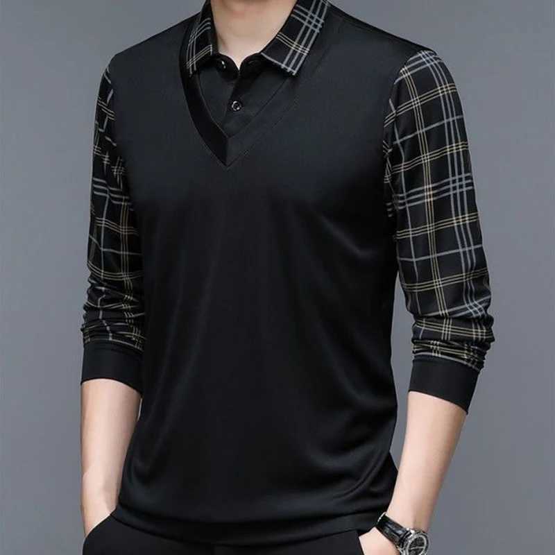 Spring New Long Sleeve POLO Mens T-shirt Lapel Loose Stripe Bottom Fashion Casual Pullover Clothes Business Button ShirtsX240912
