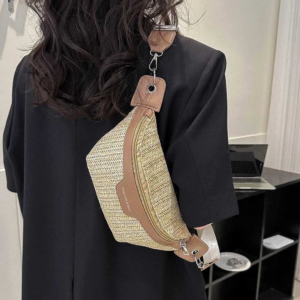 Womens Waist Pack Leather Straw Woven Chest Bag Travel Casual Shoulder Crossbody Bags For Women Summer Fanny Pack Purse Z240912