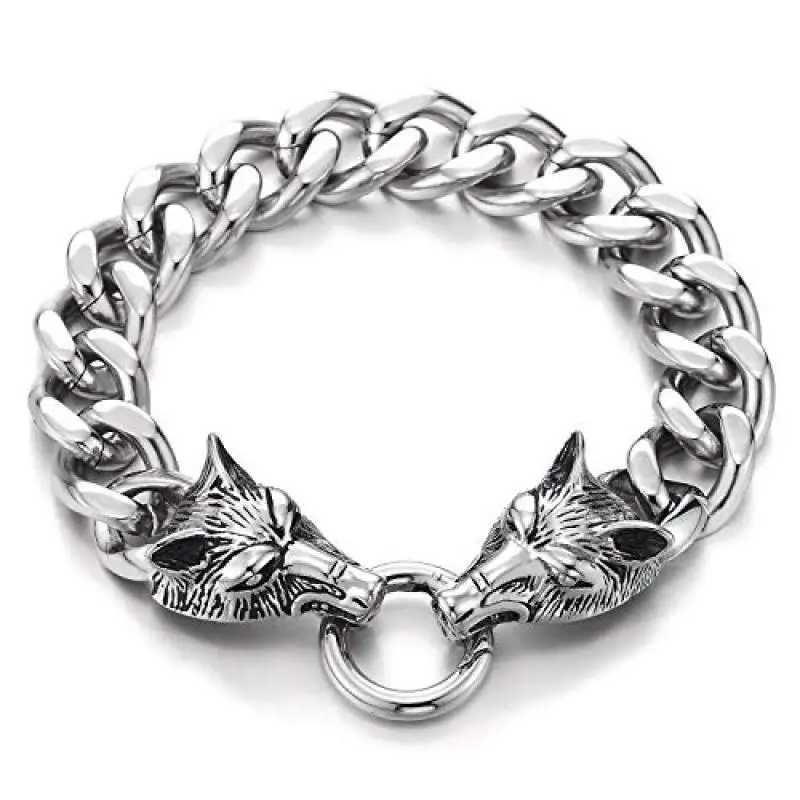 Punk Domineering Fierce Double Wolf Head Bracelet Cuban Chain Mens Personality Rock Trend Party Jewelry GiftX240913