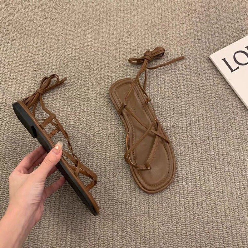 Korean Version 2024 New Summer Flat Lace-up Sandals Women's Shoes French Niche Retro Lace-up Roman Shoes Sandals