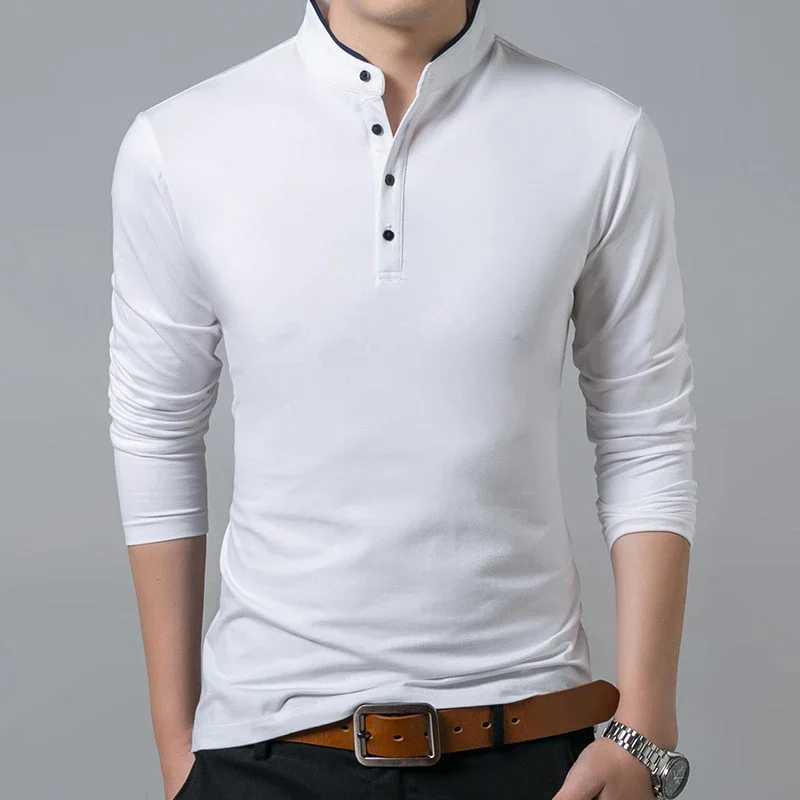 Mens fashionable long sleeved polo shirt casual cotton breathable top stand up collar Korean style comfortable T-shirt top W2409134