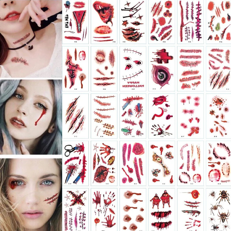 30Pcs Halloween Lifelike Bloody Wound Scary Waterproof Temporary Tattoo Stickers 240910
