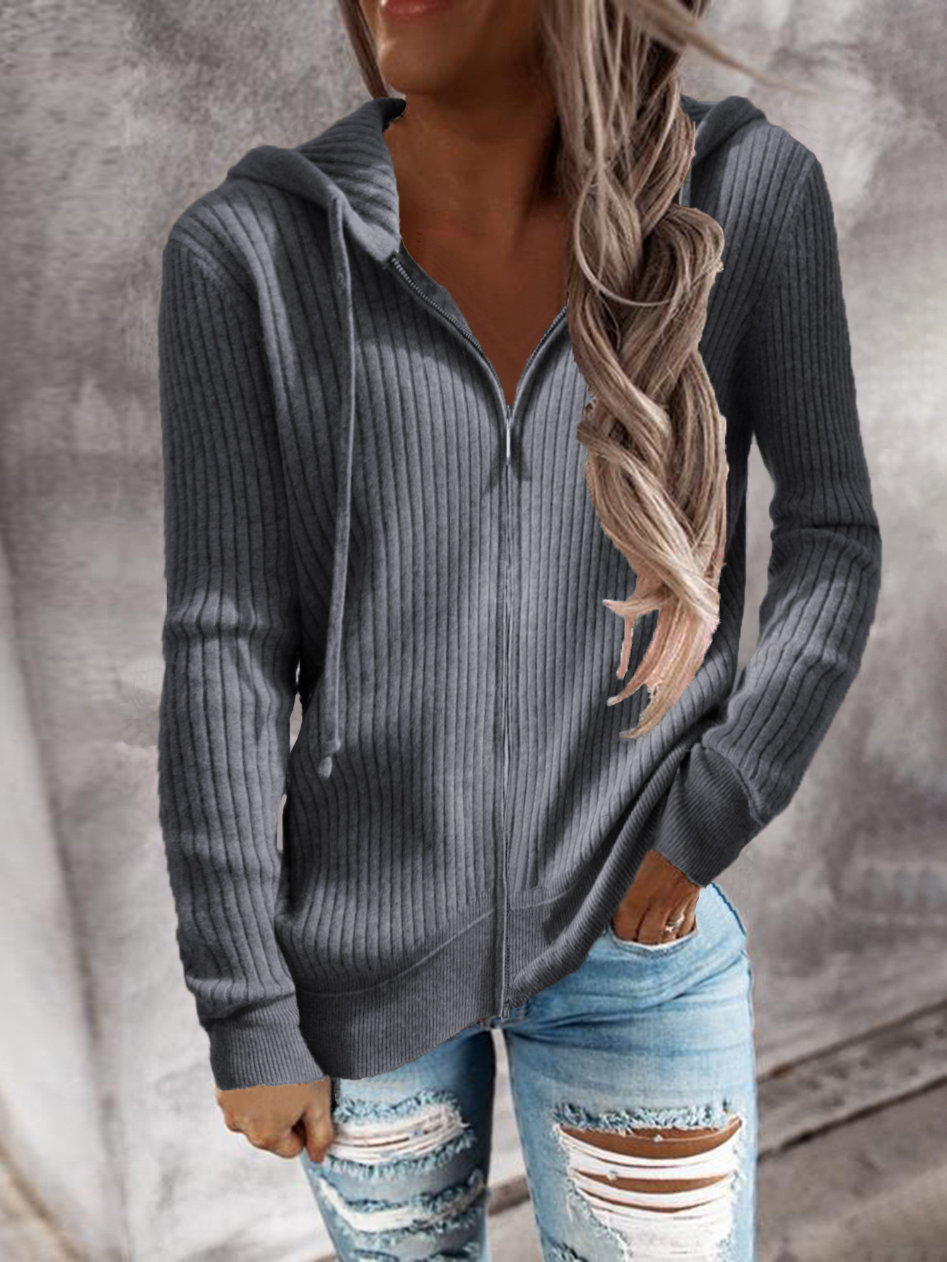 Autumn and winter new striped casual hoodie loose knit zippered cardigan long sleeved hooded sweater for women