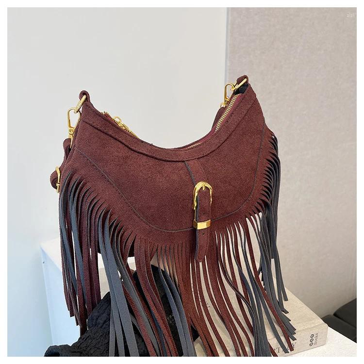 Totes Women Bag Casual Tassel Shoulder Veet Leather Vintage Crossbody Bags Ladys Retro Handbag Bohemian Style Hobos bcc6