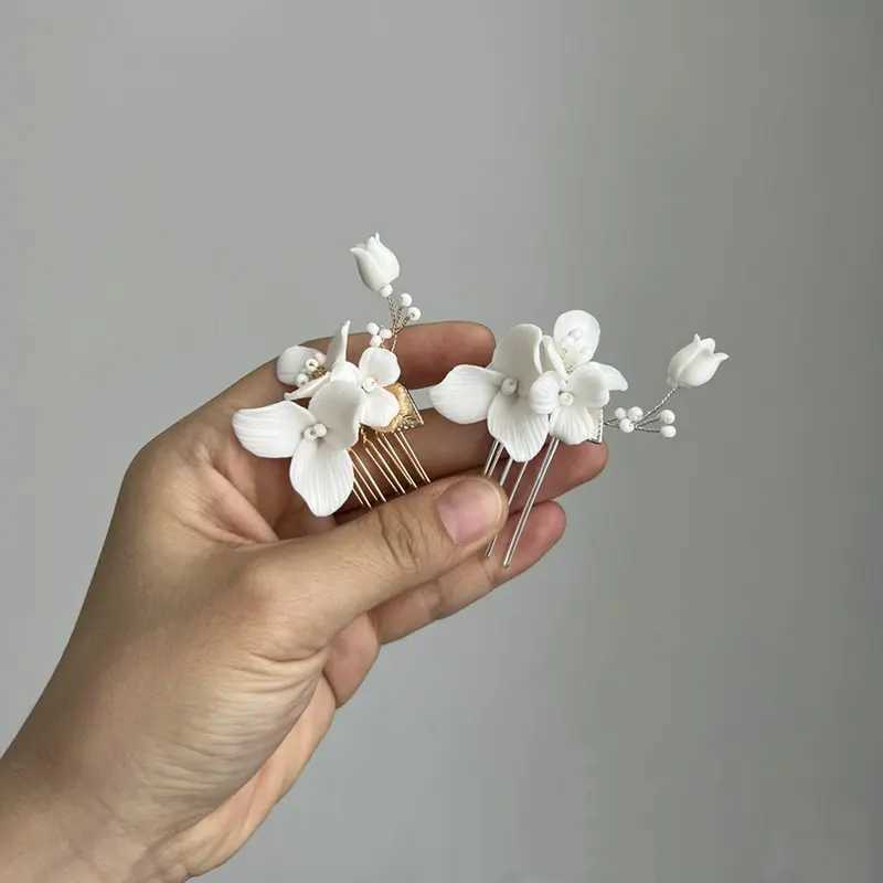 Delicate Ceramic Rose Flower Bridal Hair Comb Gold Silver Color Leaf Women Headpiece Wedding AccessoriesX240913