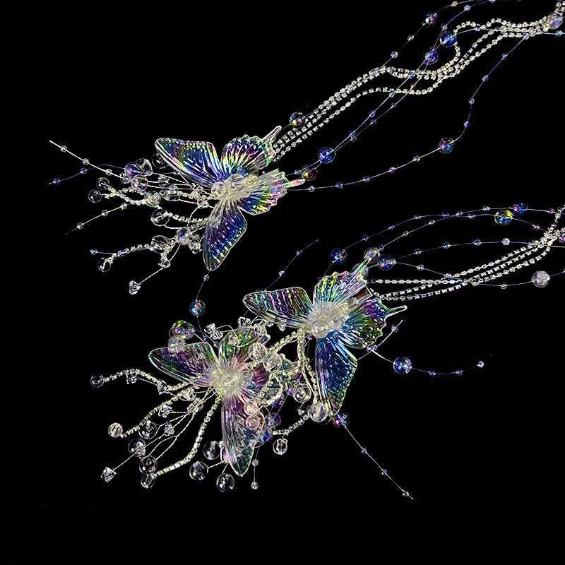 Korean Bridal Crystal Butterfly Tassel Pair Clip Hairbands Women Hair Decoration Wedding Hair AccessoriesX240913