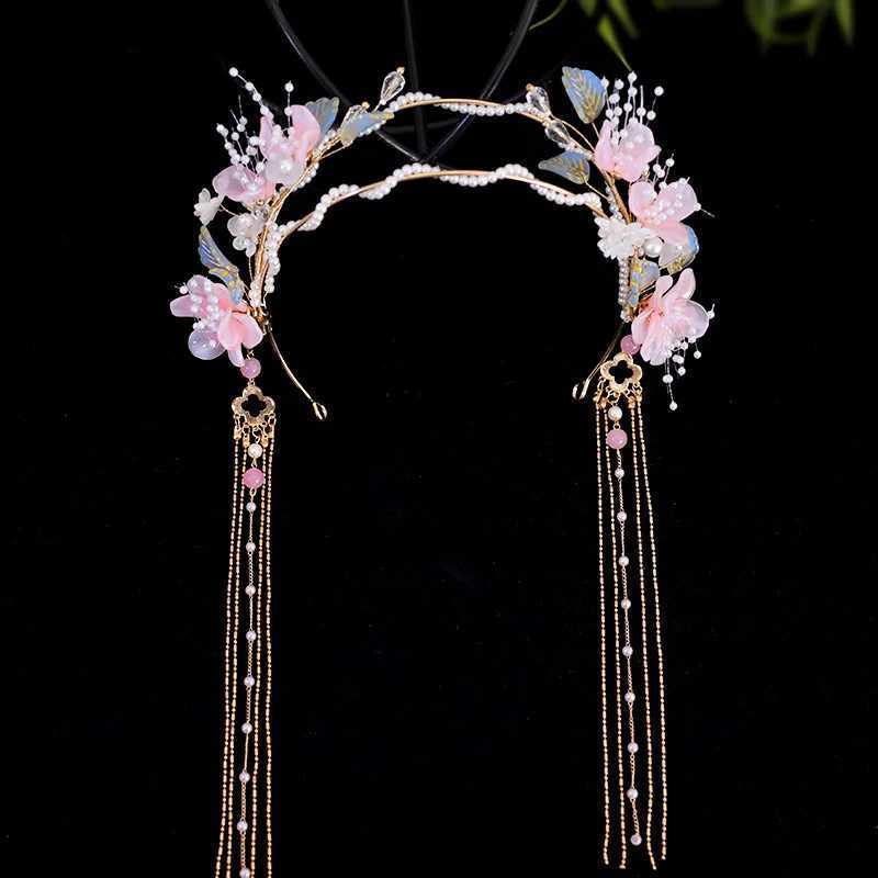 Pearl Hairband Chinese Hanfu Hair Accessoreis Floral Long Tassel Headband Vintage Wedding Hair Hoop Fairy Hair Jewelry For WomenX240913