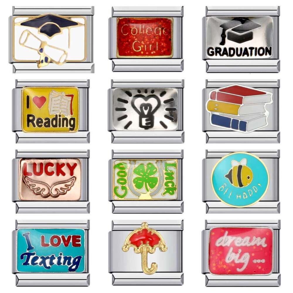 Student Graduation Pattern Bead DIY Titanium Welding Enamel Bracelet Elastic Splicing Strap Chain Italian Charm Links Fit 9Mm Bracelet Jewelry DIY Mak