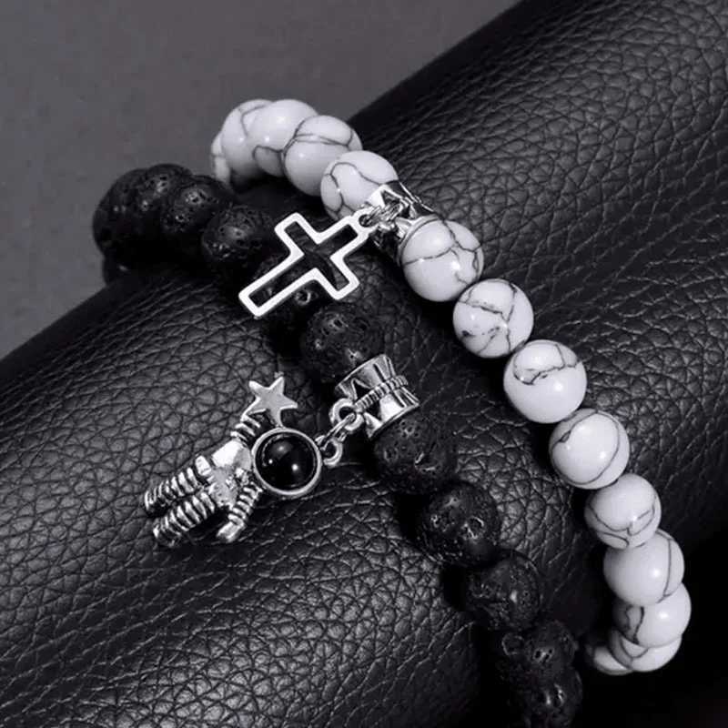 Niche Classic Design White Pine Matte Stone Magnet Love Gossip Cross Astronaut Bead Bracelet Two Piece Set W240913