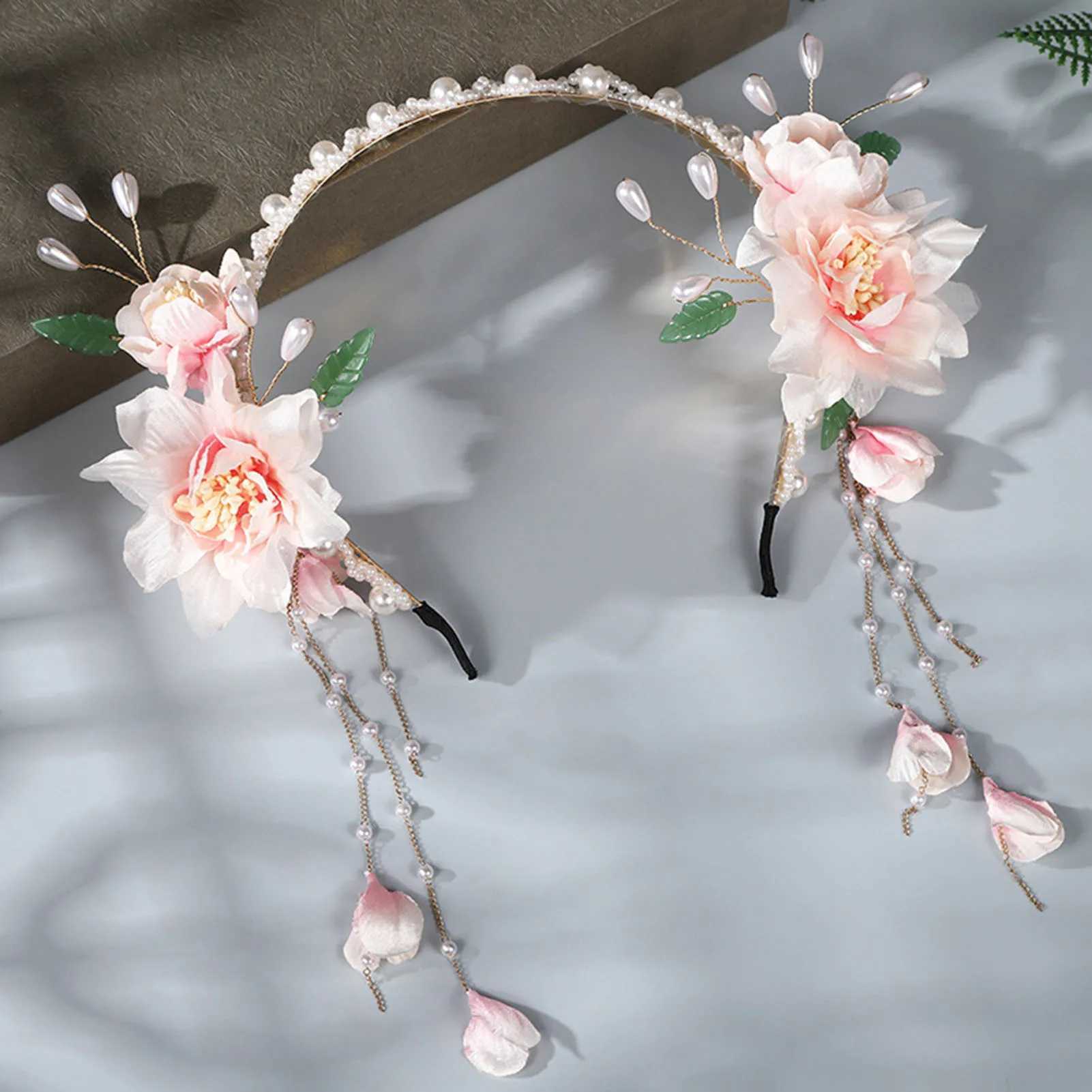 Flower Pearl Headbands Wedding Hair Accessories For Women Pink/blue Color Floral Fringe Hair Hoop Bride Chinese Head JewelryX240913