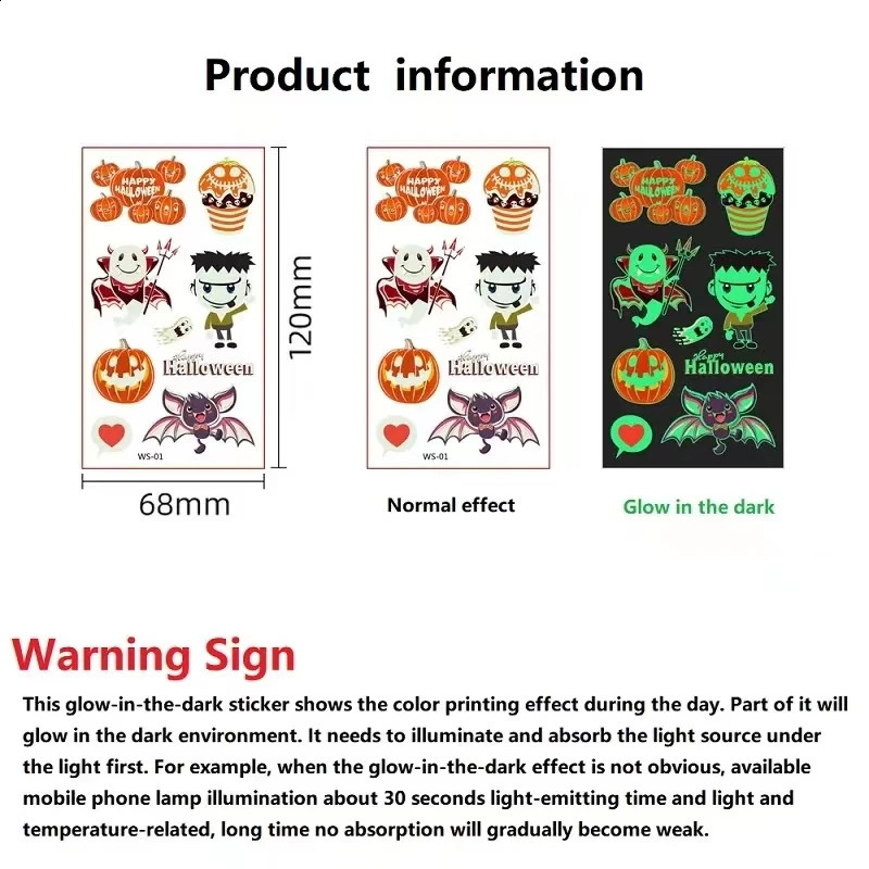 10PcsSet ChildrenS Halloween Tattoo Cartoon Night Glow Stickers ChrismasParty Activities Holiday Gatherings Temporary Stickers 240910