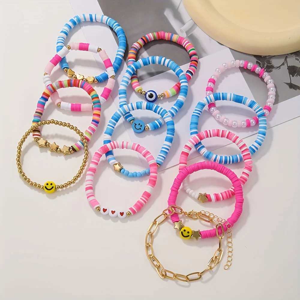 Vedawas 9 pieces/set Bohemian handmade bead polymer clay bracelet set cute party smiley face love pentagonal womens accessories W240913