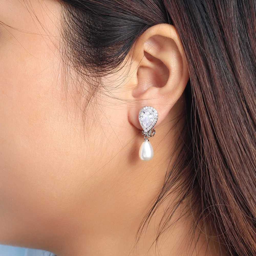 CWWZircons Elegant Design Shiny White Cubic Zircon Dangly Bridal Wedding Party Clip on Pearl Earrings No Piercing Hole CZ496X240913