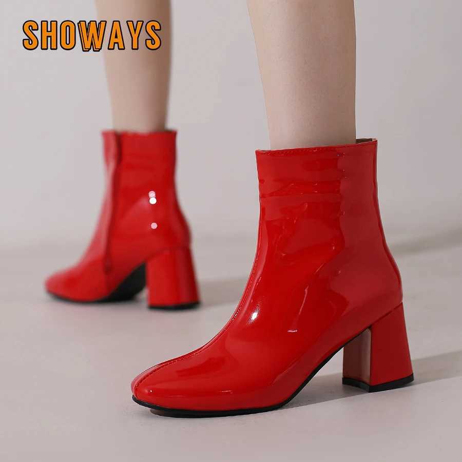 Shiny Smooth Patent Leather Ankle Boots Women High Block Heels Red Blue Green Yellow Dress Office Lady Winter Plush Short Boots M240912