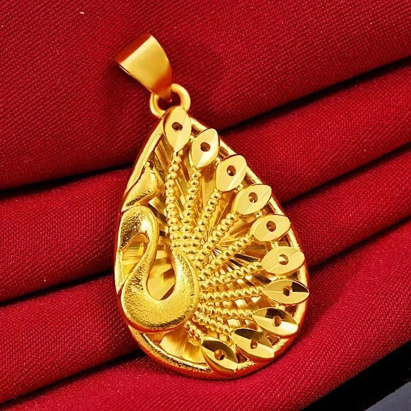 Pure gold 999 real 24K water drop peacock pendant wedding ancient necklace hollow women Necklace AU750 240912