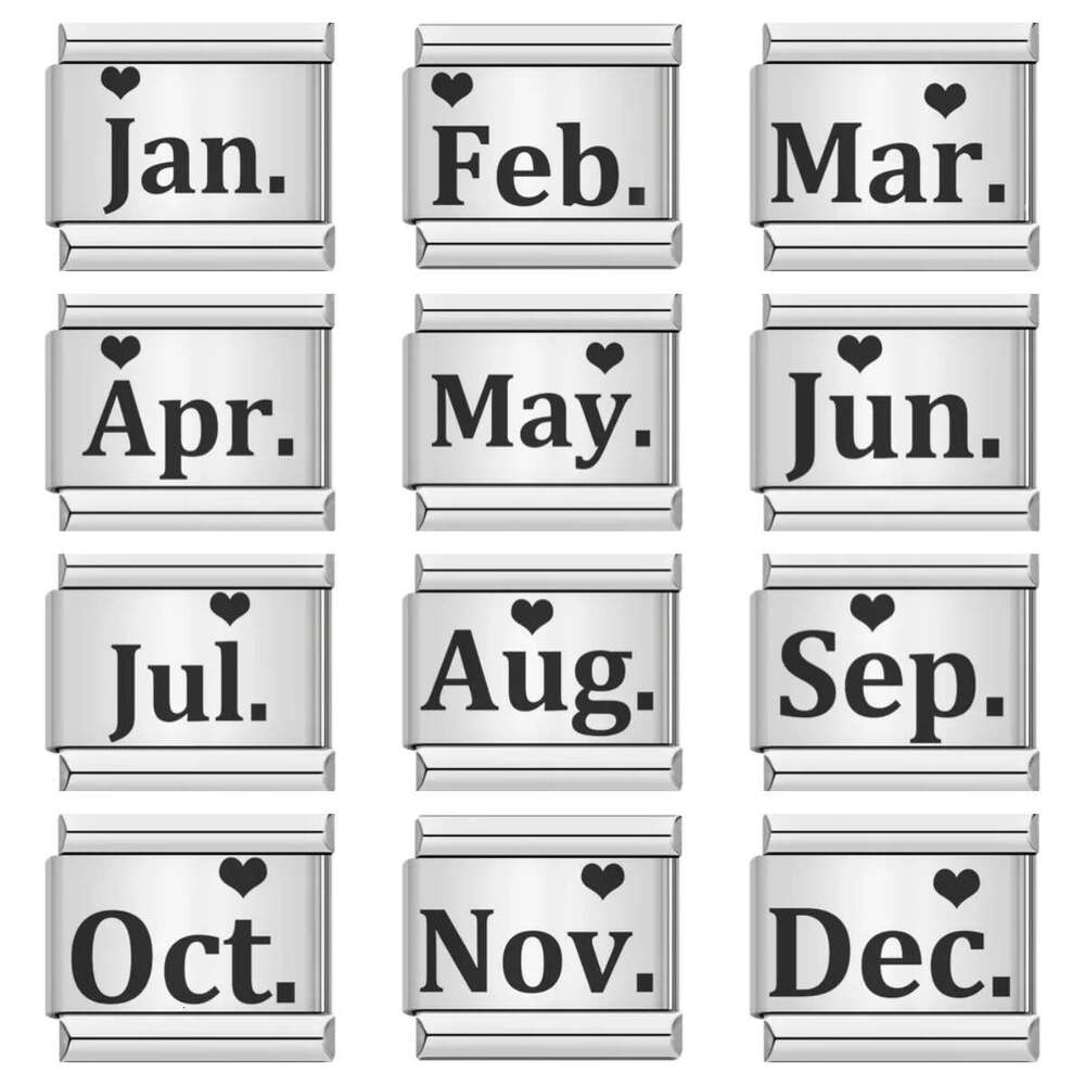 December English Simplified Pattern Italian Module Titanium Steel Laser Carving Italian Charm Links Stainless Steel Fit 9Mm Bracelet Jewelry DIY Makin