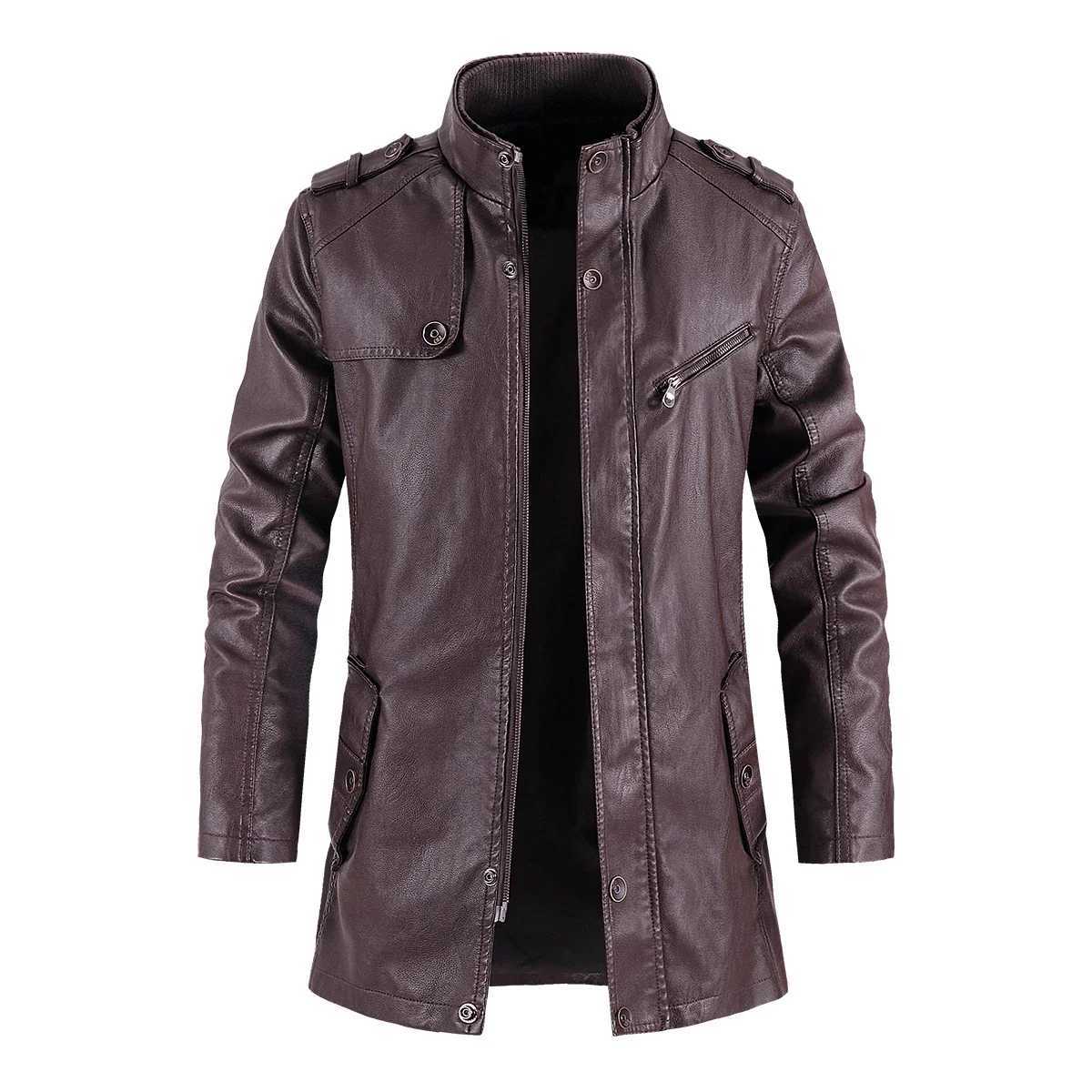 New Winter Long PU Leather Jackets Men Stand Collar Windbreaker Faux Outerwear Motorcycle Casual Warm Leather Coats Man ClothingX240913