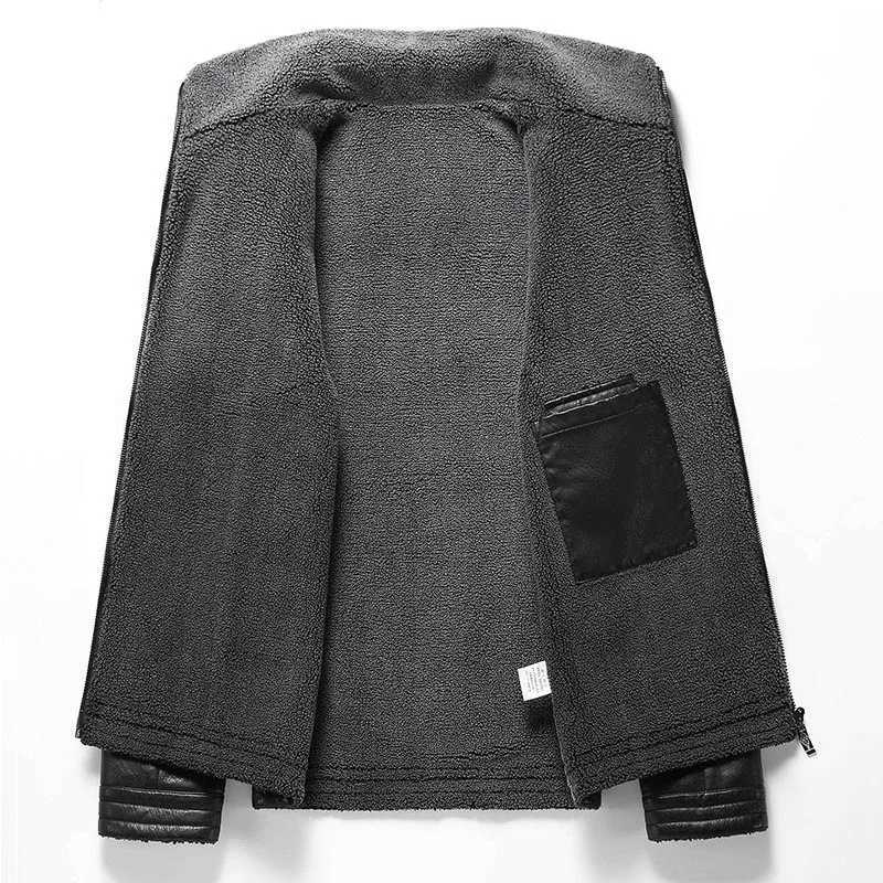 Faux Leather Biker Jacket with Faux Fur Trim for Men Cashmere Blend Sleeves and Wide Waist DesignX240913