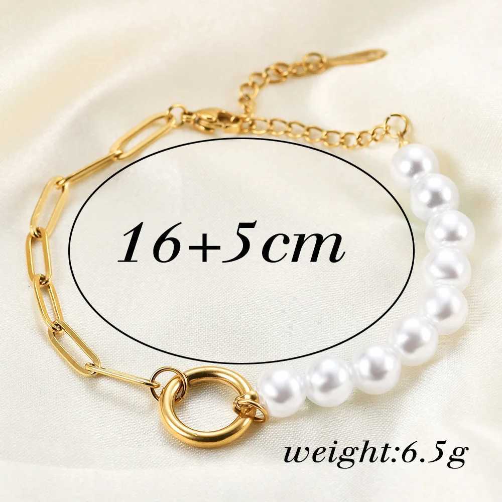 HNSP Stainless Steel Imitation Pearl Bracelet For Women Vintage Design Stitching Hand Chain Jewelry AccessoriesX240913
