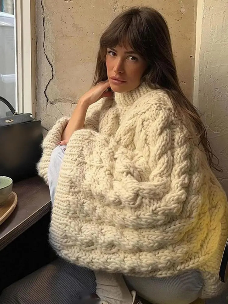 2024 Autumn Winter Oversize Knit Pullover Women Casual Lazy Round Neck Kintted Solid Sweater Female Loose Sleeves Knitwear Lady 240912