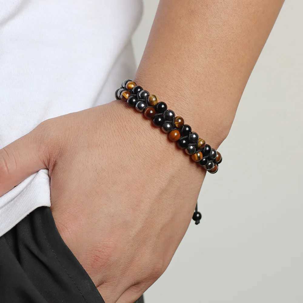 Mens triple protection stone bead bracelet double-layer tiger eye hematite obsidian rope packaging bracelet handmade jewelry gift W240913