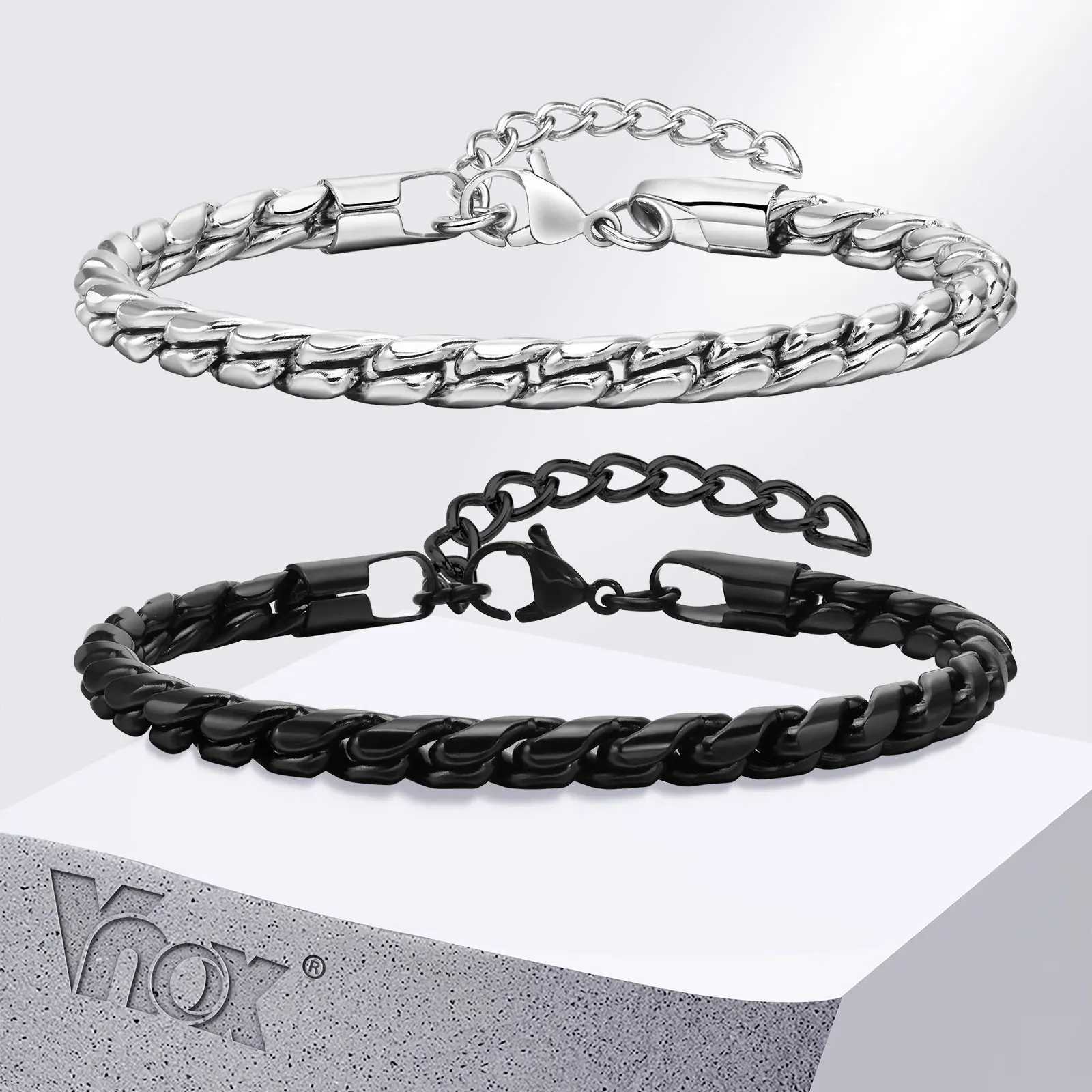 Vnox Punk Men Snake Link Chain Bracelets Black Silver Color Twisted Stainless Steel Glossy Chain Bracelet Comfort Wear JewelryX240913