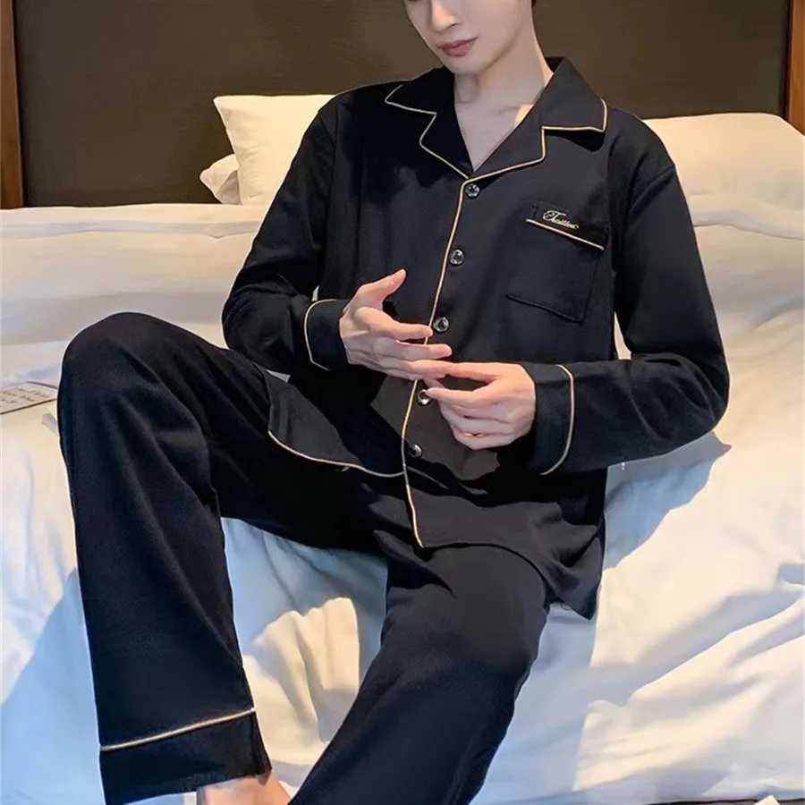 New 2024 Mens Cotton Pajamas Set Solid Color Long Sleeve Home Clothes for Man Four Season Casual Sleepwear 2 Pieces Loungewear Y240913