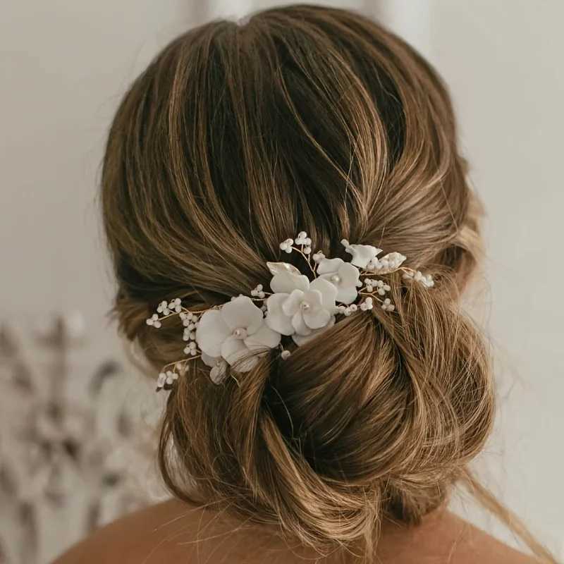 Bridal Rhinestone Ceramic Flower Side Comb Hair Clip Headpiece Wedding Hair Accessory Styling Hair Clip Headband Wedding PartyX240913
